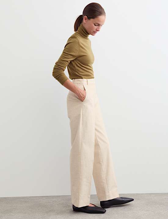 Cotton With Linen Cord Straight Leg Trousers