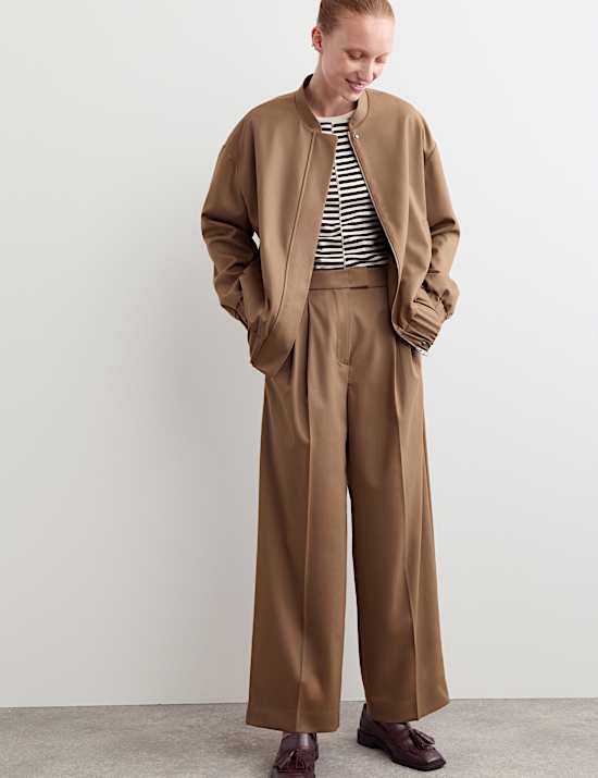Wool Rich Pleat Front Wide Leg Trousers