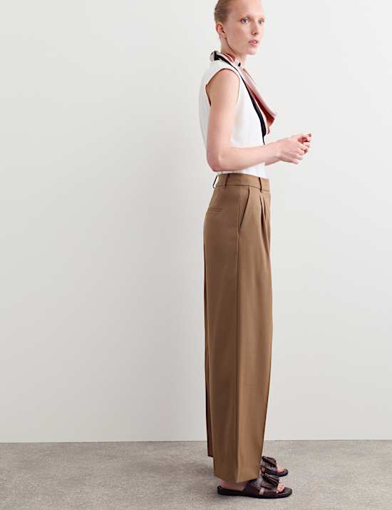 Wool Rich Pleat Front Wide Leg Trousers