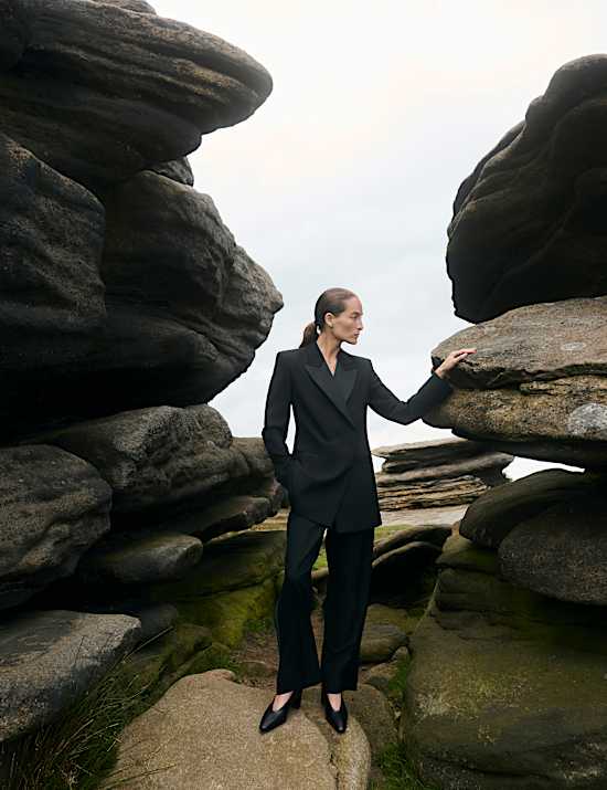 Pantalon de smoking coupe droite 100 % laine &agrave; bords en satin