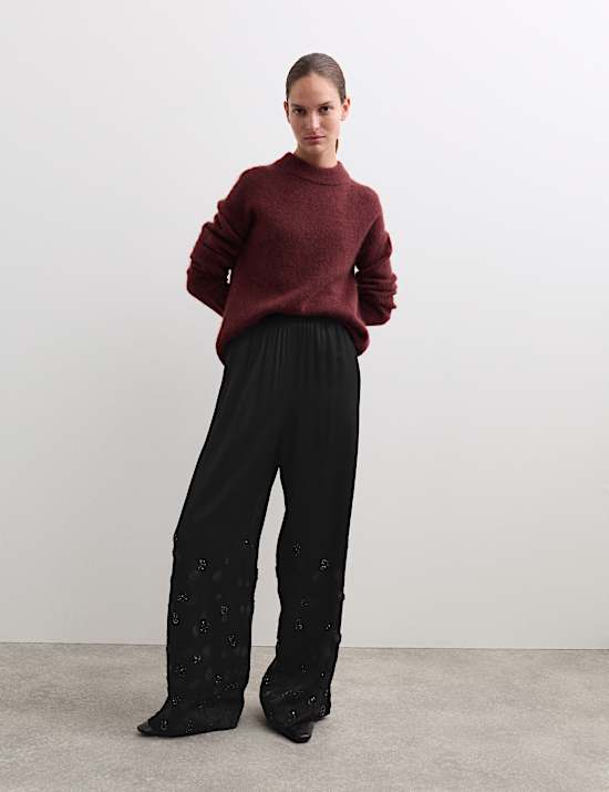 Embroidered Wide Leg Trousers
