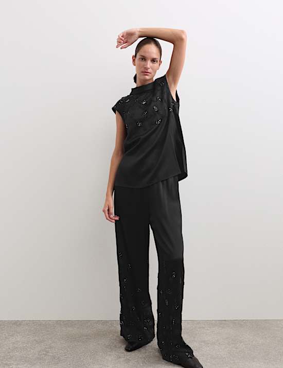 Embroidered Wide Leg Trousers