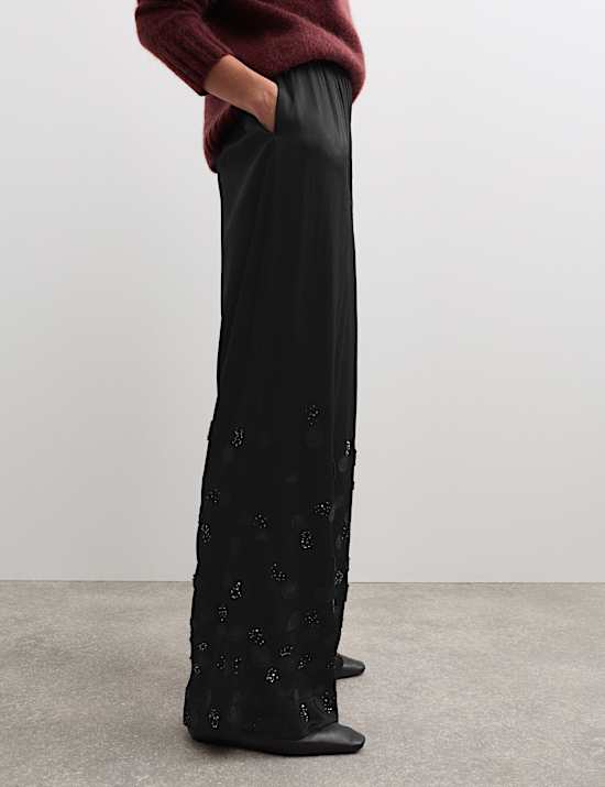 Embroidered Wide Leg Trousers
