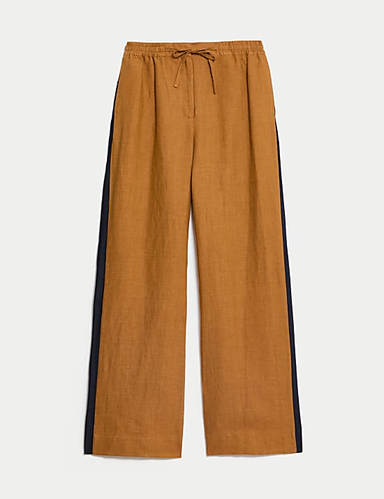 Broek van zuiver linnen met zijstreep en wijde pijpen