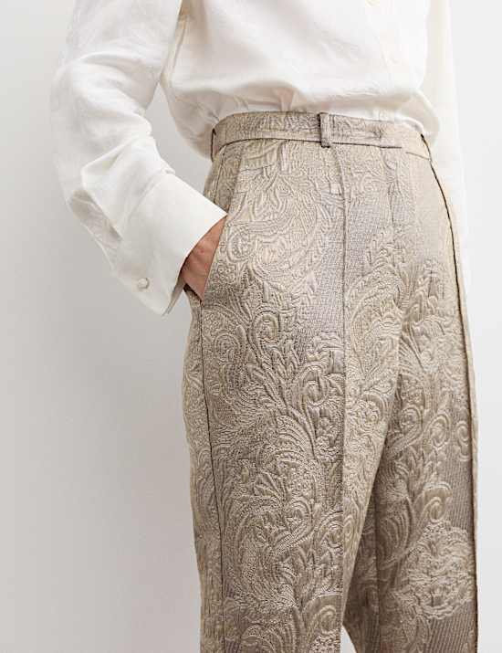 Pantalon coupe évasée en coton mélangé à motif jacquard métallisé