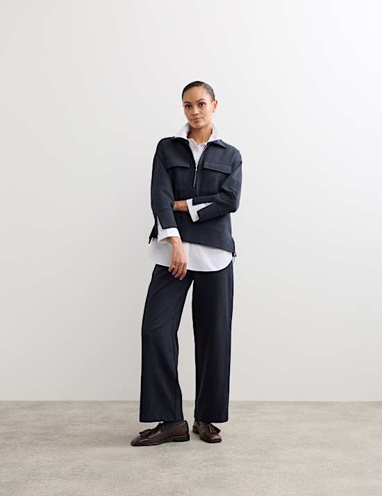 Cotton Blend Jersey Straight Leg Trousers with Wool