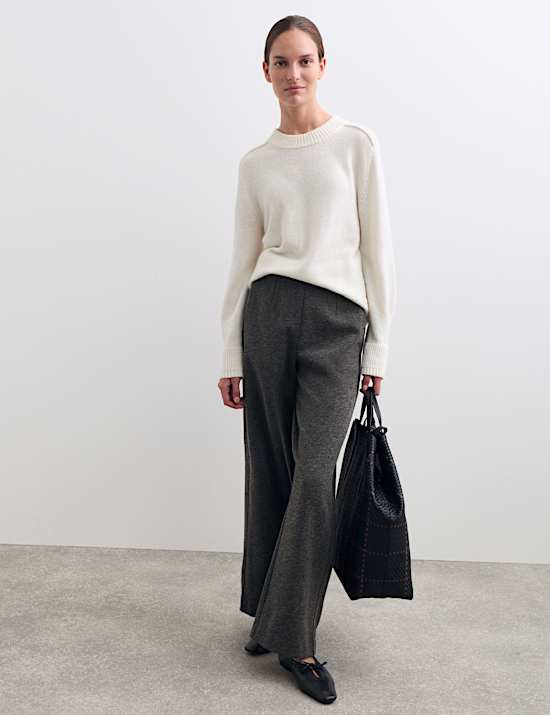 Cotton Blend Jersey Straight Leg Trousers with Wool