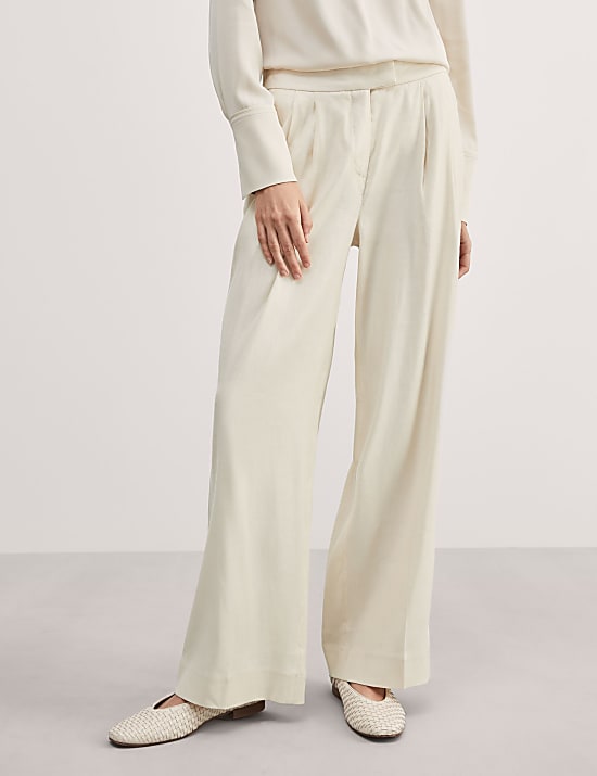 Linen Blend Pleat Front Wide Leg Trousers