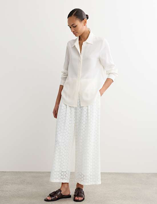 Pantalon jambe droite en coton m&eacute;lang&eacute; et dentelle