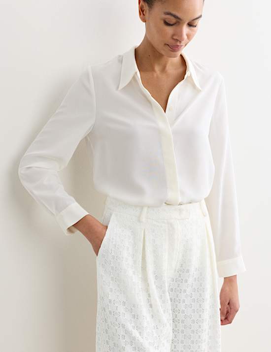 Pantalon jambe droite en coton m&eacute;lang&eacute; et dentelle