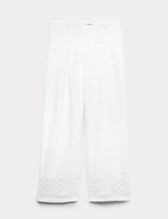 Pantalon jambe droite en coton m&eacute;lang&eacute; et dentelle