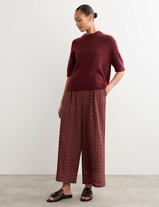 Pantalon jambe droite en coton m&eacute;lang&eacute; et dentelle