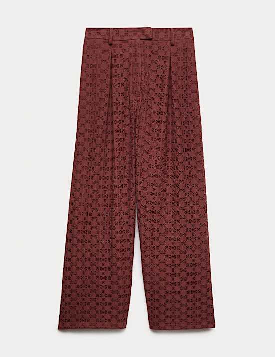 Pantalon jambe droite en coton m&eacute;lang&eacute; et dentelle