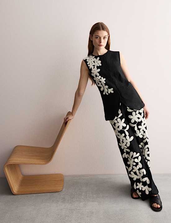 Παντελόνι με φαρδιά μπατζάκια και κέντημα από 100% λινό