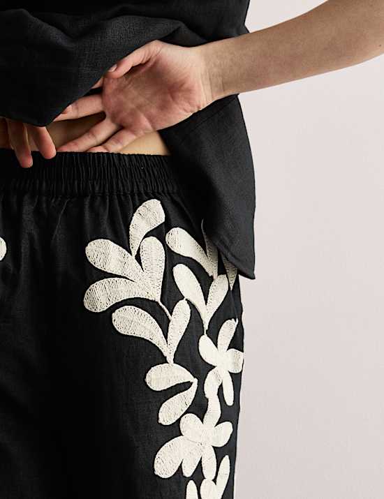 Παντελόνι με φαρδιά μπατζάκια και κέντημα από 100% λινό