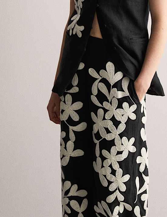 Παντελόνι με φαρδιά μπατζάκια και κέντημα από 100% λινό