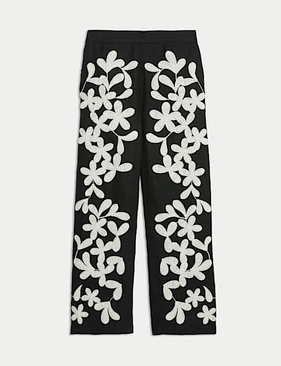 Παντελόνι με φαρδιά μπατζάκια και κέντημα από 100% λινό