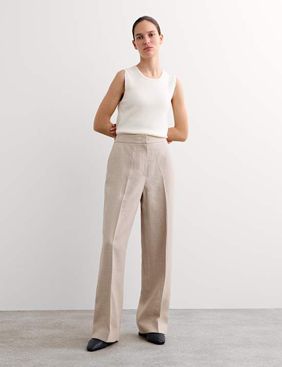 Pure Linen Pleat Front Straight Leg Trousers