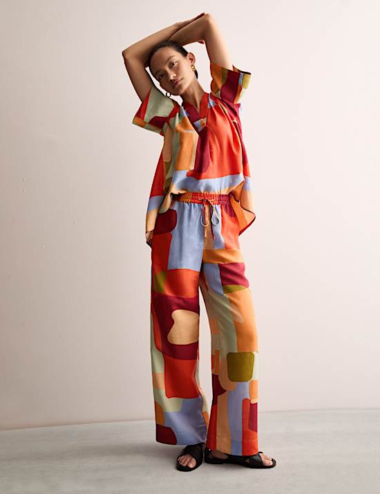 Linen Rich Printed Wide Leg Trousers