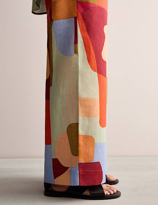 Linen Rich Printed Wide Leg Trousers