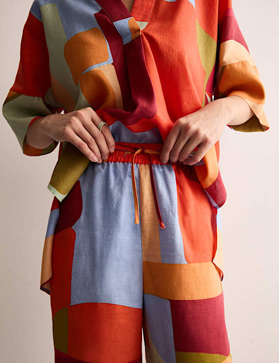 Linen Rich Printed Wide Leg Trousers