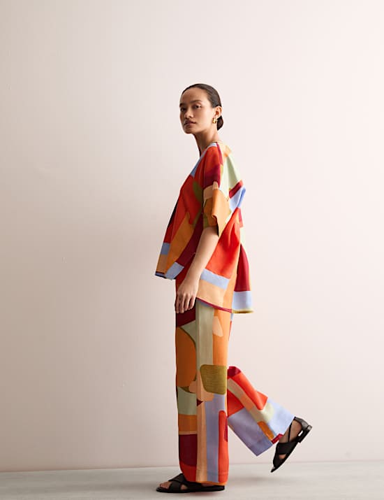 Linen Rich Printed Wide Leg Trousers