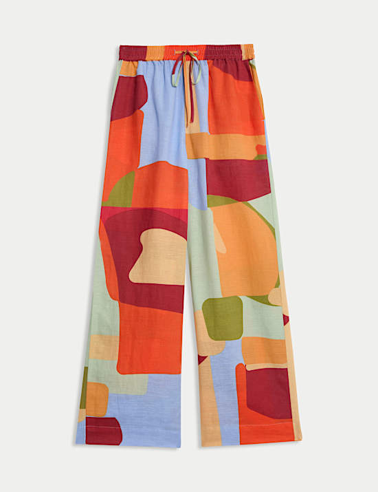 Linen Rich Printed Wide Leg Trousers