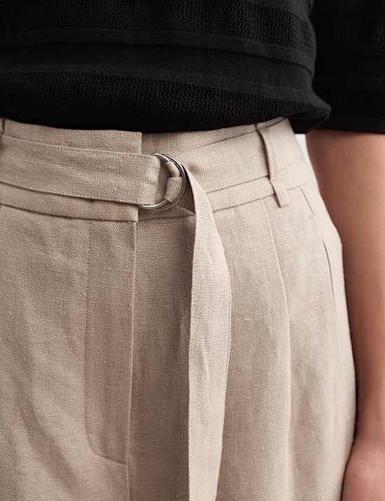 Pantalon coupe barrel 100 % lin &agrave; ceinture