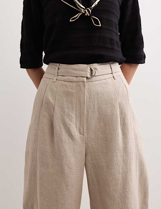 Pantalon coupe barrel 100 % lin &agrave; ceinture