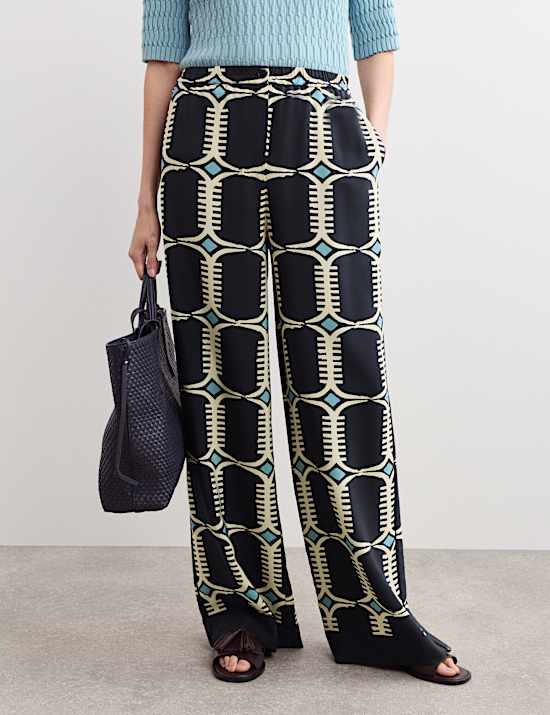 Pantalon coupe large 100 % soie &agrave; imprim&eacute; g&eacute;om&eacute;trique