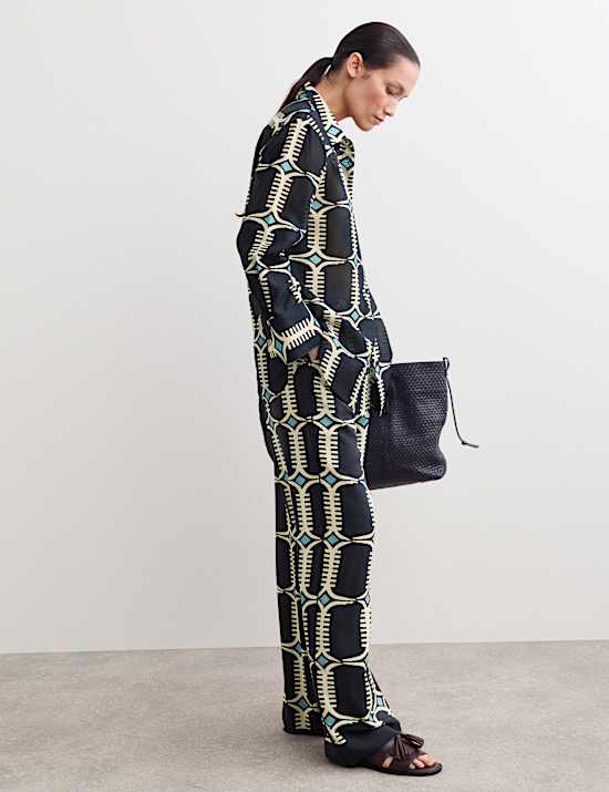 Pantalon coupe large 100 % soie &agrave; imprim&eacute; g&eacute;om&eacute;trique