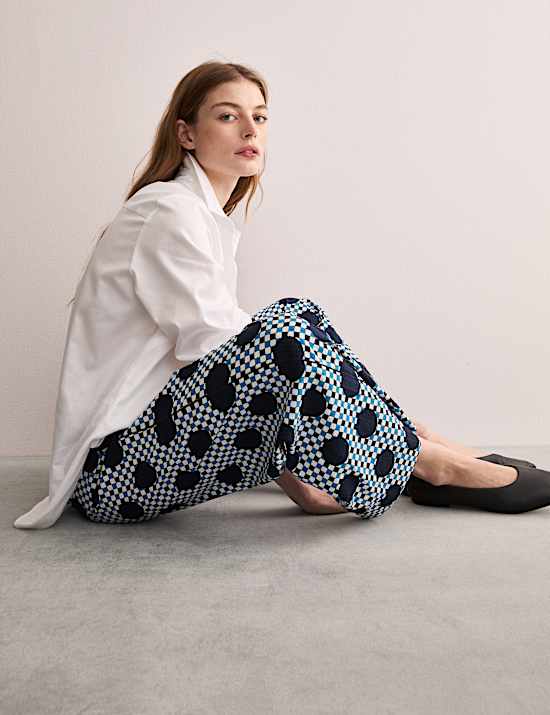 Broek van katoenmix met wijde pijpen en Ginham-stippen