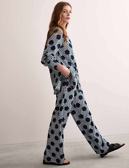 Broek van katoenmix met wijde pijpen en Ginham-stippen