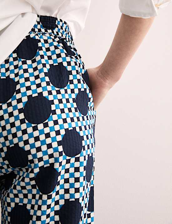 Broek van katoenmix met wijde pijpen en Ginham-stippen