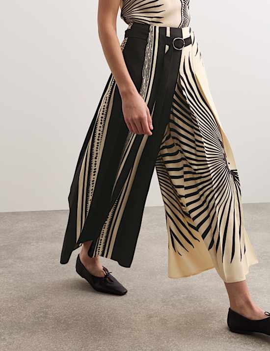 Fan Print Belted Wide Leg Culottes