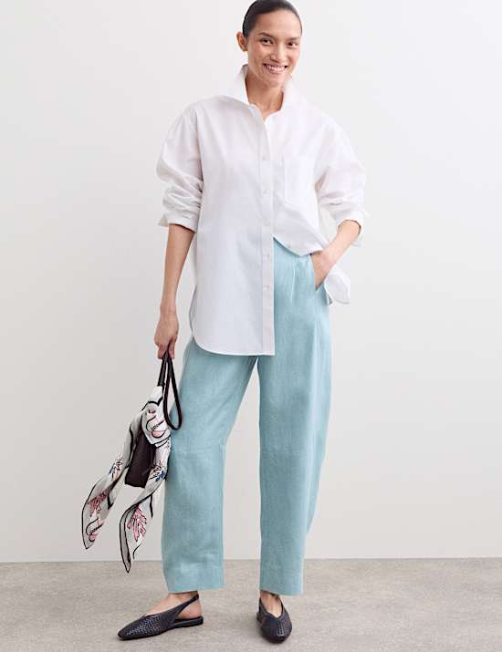 Broek van katoen en linnen met ballonpijpen en riem