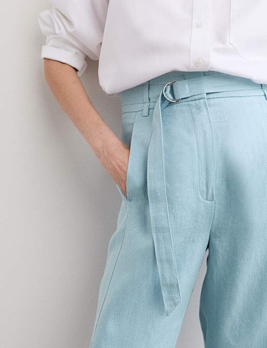 Broek van katoen en linnen met ballonpijpen en riem