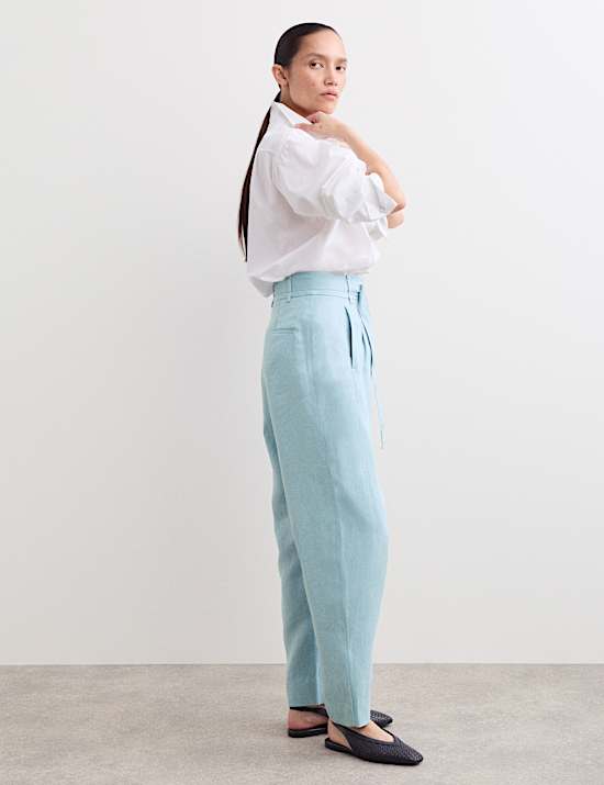 Broek van katoen en linnen met ballonpijpen en riem