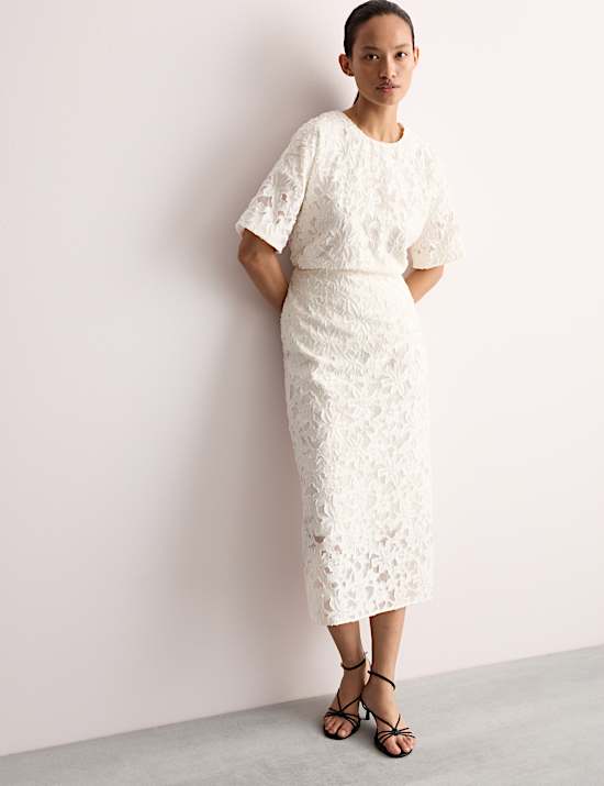 Cotton Rich Organza Jacquard Midi Column Skirt