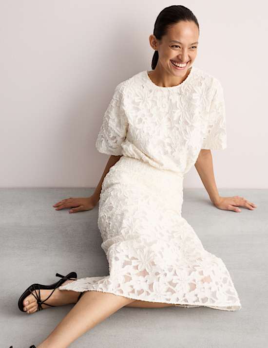 Cotton Rich Organza Jacquard Midi Column Skirt