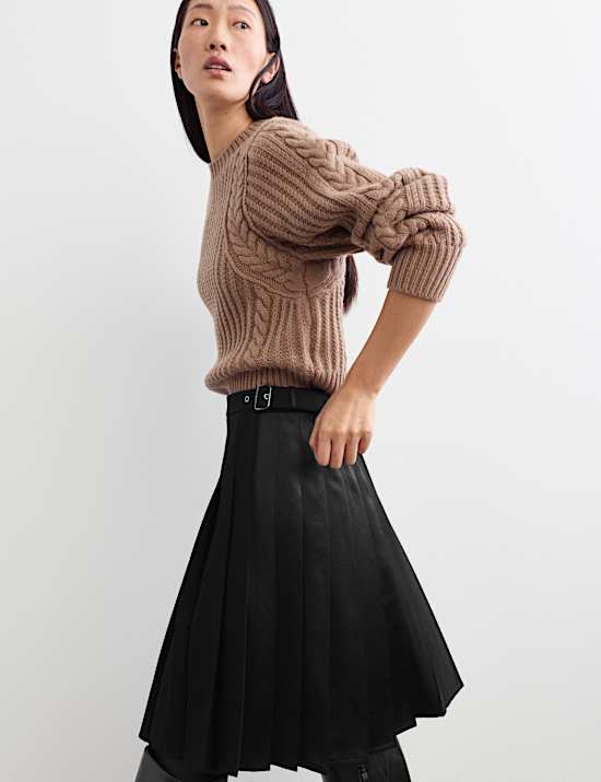 Wool Blend Pleated Mini Wrap Skirt
