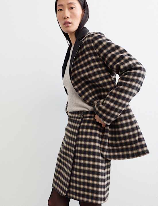 Double Faced Wool Checked Knee Length Wrap Skirt