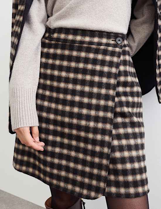 Double Faced Wool Checked Knee Length Wrap Skirt