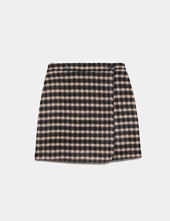 Double Faced Wool Checked Knee Length Wrap Skirt