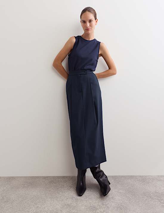 Pleated Midaxi Tailored Skirt with Wool