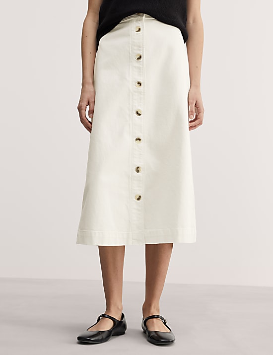 Jupe midi coupe &eacute;vas&eacute;e en jean &agrave; fermeture avant boutonn&eacute;e