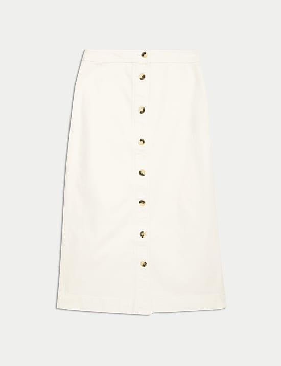 Jupe midi coupe &eacute;vas&eacute;e en jean &agrave; fermeture avant boutonn&eacute;e