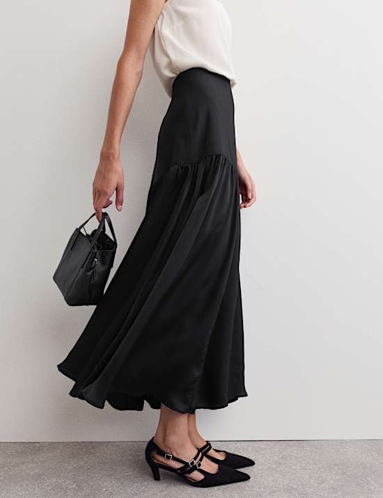 Satin Dropped Waist Maxi A-Line Skirt