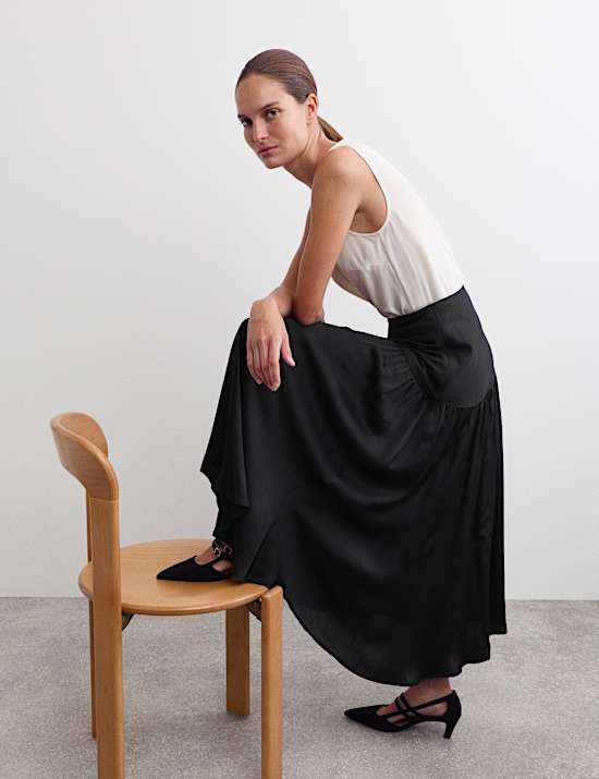 Satin Dropped Waist Maxi A-Line Skirt