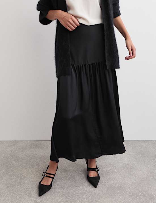 Satin Dropped Waist Maxi A-Line Skirt